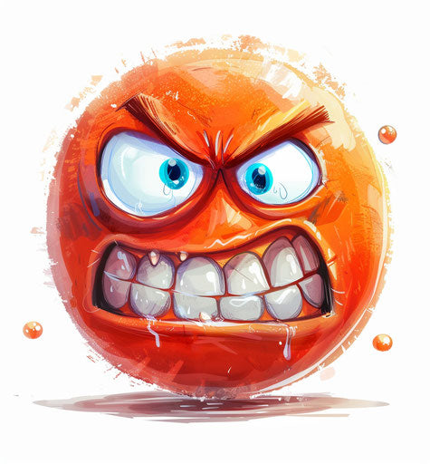 Sad emoticon with big teeth, blue eyes on white background