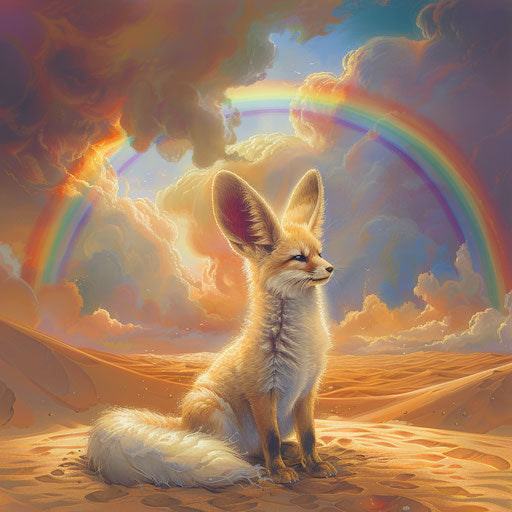 Fennec fox under a rainbow in the desert