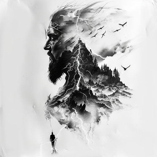 Greek god with lightning on Mount Olympus, pantheon tattoo