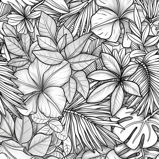 Detailed pattern of leaves and flowers in a jungle theme.
