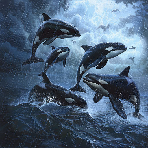 Dancing Whales in Rainy Tropical Ocean