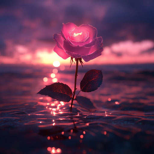Pink rose in ocean sunset