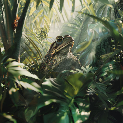 Toad in lush green foliage under sunlight