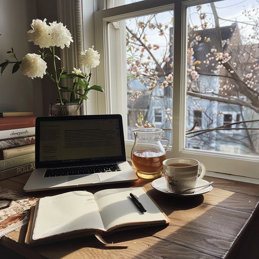 A serene workspace with a window, laptop, notebook, and tea cup