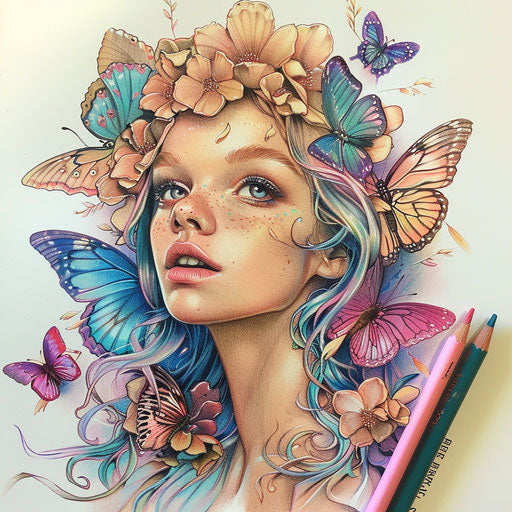 Whimsical tattoo sketch of Aphrodite surrounded by fluttering butterflies in pastel shades