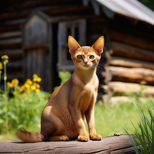 Abyssinian cat in front of a log cabin