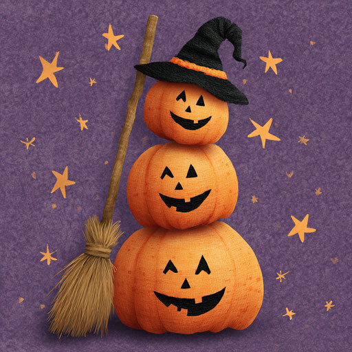 Three stacked jack-o'-lanterns and a witch's broom