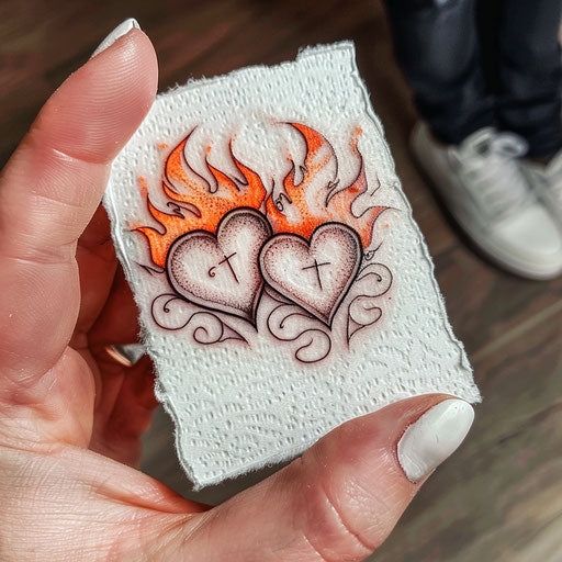 Romantic fire tattoo, two hearts enveloped in gentle flames, drawn in soft colors on a white love letter, symbolizing passionate love.