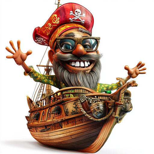 Humorous caricature of a pirate ship with human characteristics