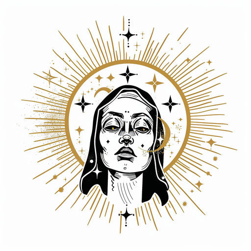 Saint's halo with stars, minimalistic tattoo design in gold