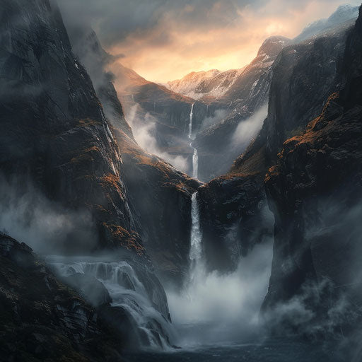 Dramatic waterfall surrounded by misty mountains in the style of Marc Adamus