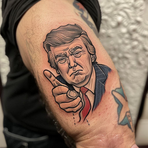 Small political satire tattoo in the style of Steve Sack