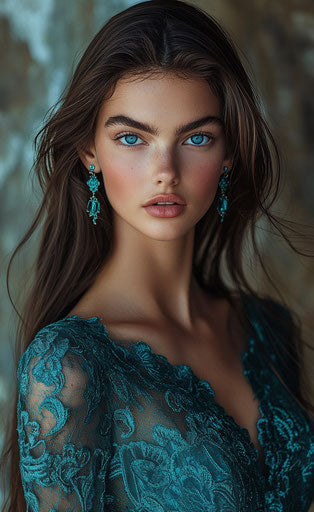 Gorgeous model with long hair and blue eyes in teal lace dress, earrings, in professional photo setting with natural light and beautiful background.