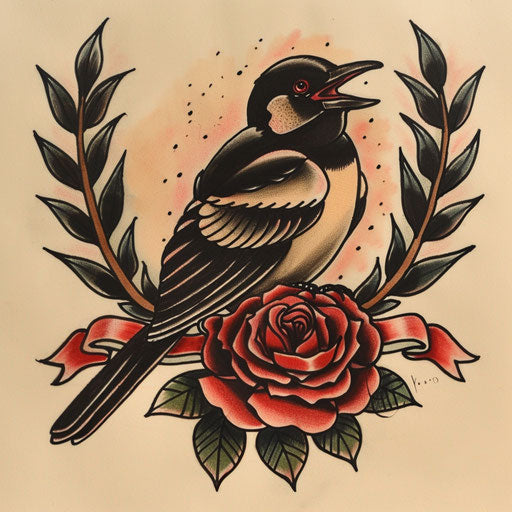 Old school flat tattoo sketch: magpie with ribbon and traditional roses