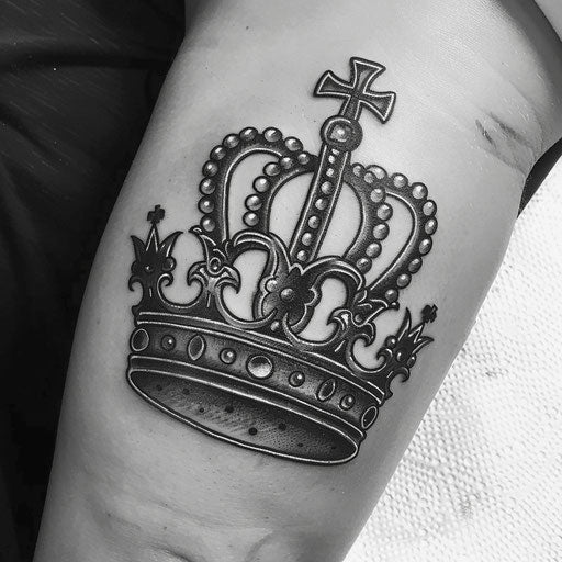 Traditional king crown tattoo with heart and cross symbols on white