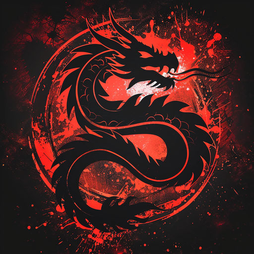 Powerful dragon sports logo in black and red, on a fiery background