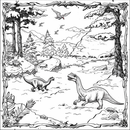 Cozy winter scene with dinosaurs playing in the snow