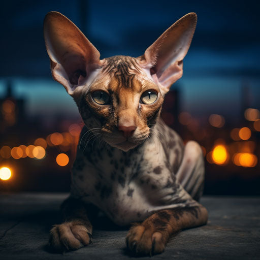 Cornish Rex cat laying outside at night