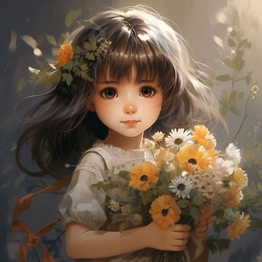 Girl holds flowers as gift, anime style photo-realistic