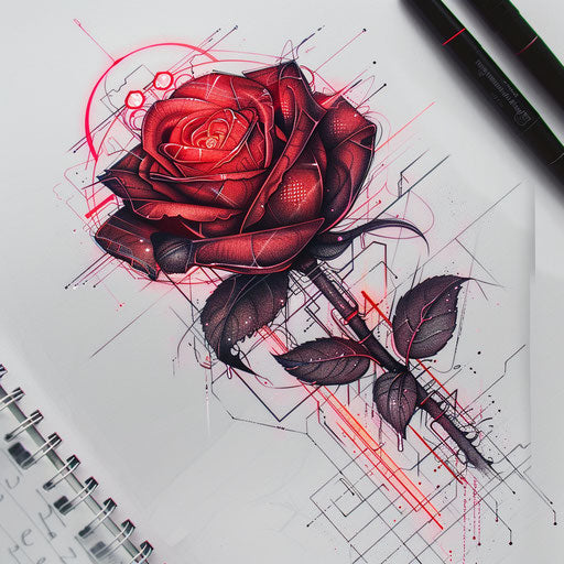 Futuristic tattoo sketch of a red rose with neon outlines and cyberpunk elements