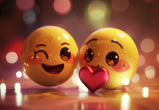 Two yellow emoticons holding a heart together