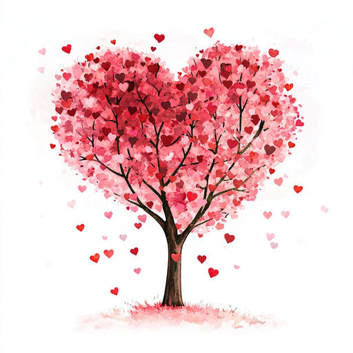 Pink heart-shaped tree with heart-shaped leaves, vector illustration