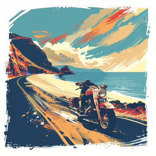 Vibrant tattoo sketch of a motorcycle racing along a coastal road
