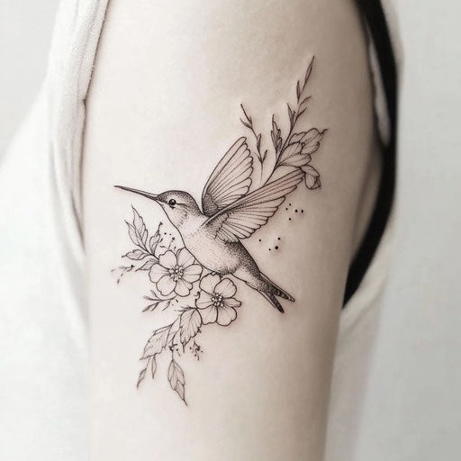Women's upper arm tattoo with hummingbird and flowers