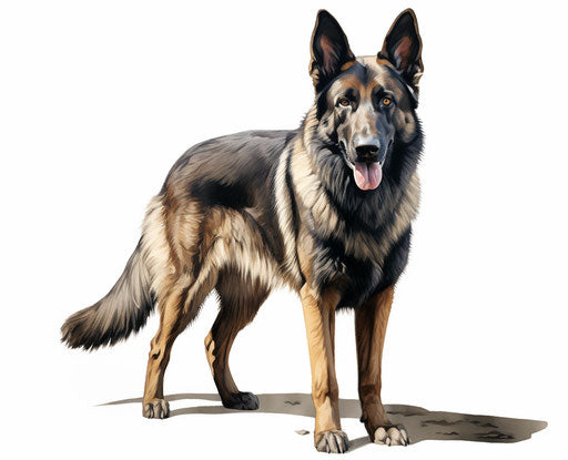 German shepherd standing, realistic light and shadow, dark blue and light amber