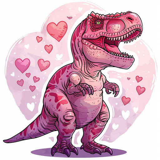 Romantic flat tattoo sketch of a T rex with heart-shaped scales, soft pinks and reds, clipart design