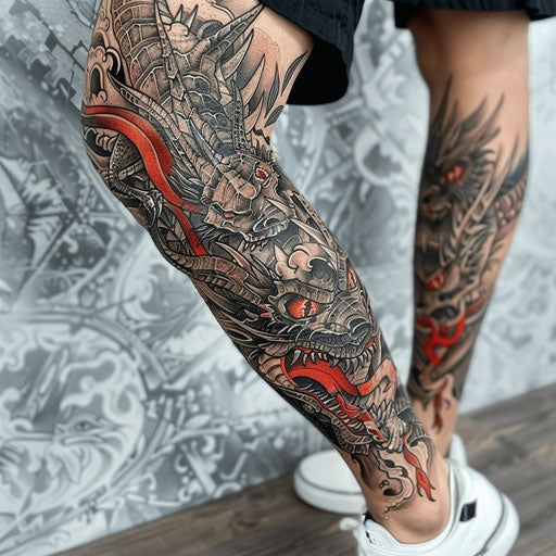 Fantasy leg sleeve tattoo with dragons and medieval motifs