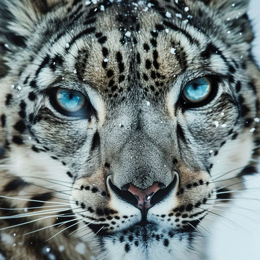 Close-up of a snow leopard's face, showcasing piercing blue eyes in a snowstorm