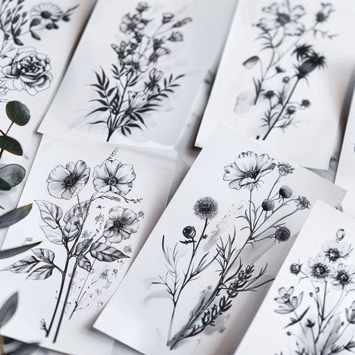 A spread of wildflower tattoos in black and grey style