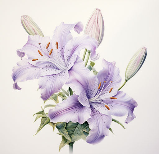 The ethereal beauty of a realistic flower drawing with white and purple lilies