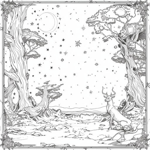 Detailed nature scene with animals under a starry sky