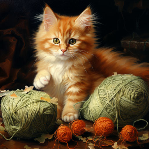 Orange cat playing with yarn