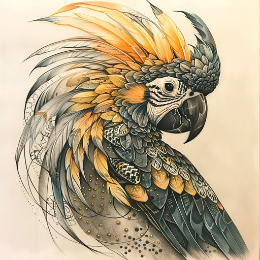 Detailed sketch of a yellow-tailed black cockatoo, tribal patterns and earth tones