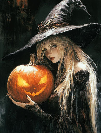 Beautiful witch with glowing pumpkin, long blonde hair