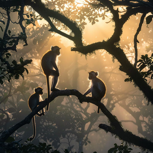Vervet monkeys interacting in misty jungle at dawn