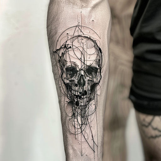 Skull tattoo with delicate lines in Gerald Brom style