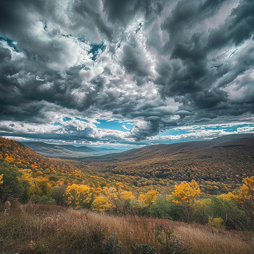 Catskill Mountains with dramatic clouds, in the style of Chris Burkard