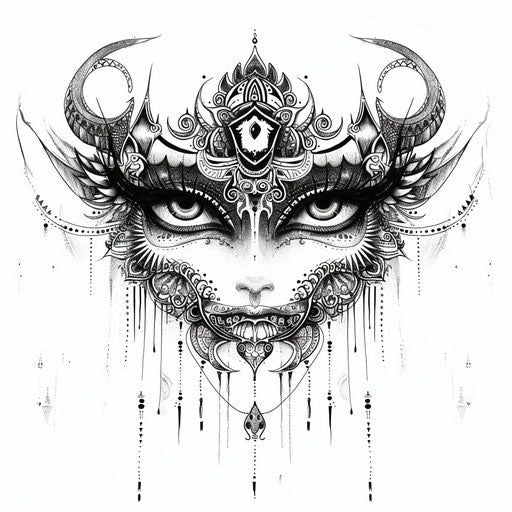 Clipart style flat tattoo sketch for a Sak Yant tattoo with a pair of mystical eyes in a detailed design