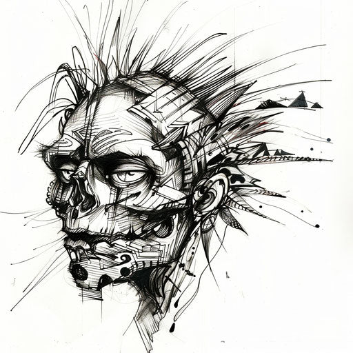 Dynamic flat tattoo sketch of a shrunken head with tribal dance motifs