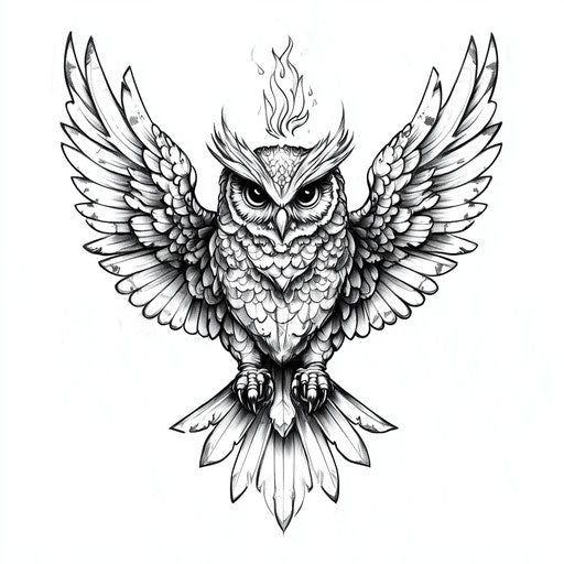 Owl chest tattoo with rising phoenix, flat tattoo sketch