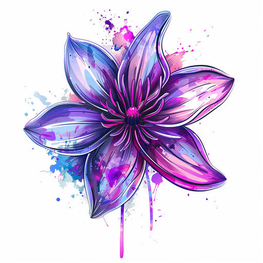 Contemporary illustration of a tiny violet flower tattoo in neon colors, on white.