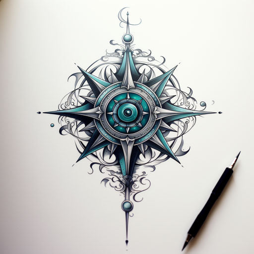 Black and white compass tattoo, dark cyan and silver style