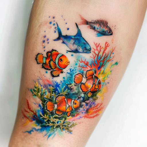 Tropical fish school swimming around corals