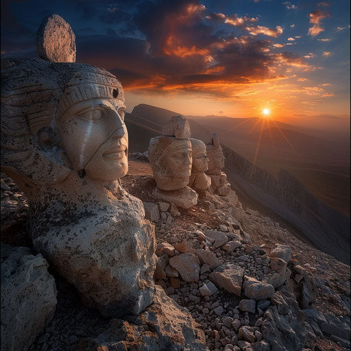 Mount Nemrut at sunrise, in the style of David Keochkerian