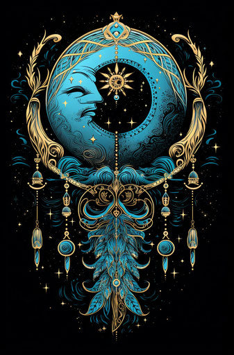 Colorful moon and dream catcher, black and azure style, irregular forms
