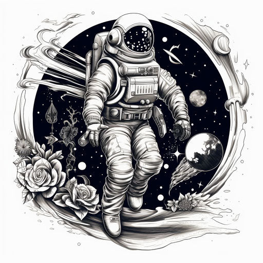 Drawing of space man with spaceship, classic tattoo motifs